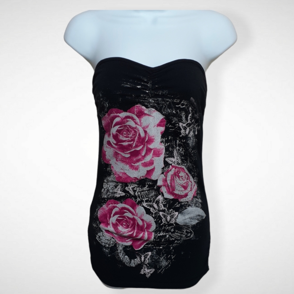 Wet Seal Black Roses & Butterflies strapless